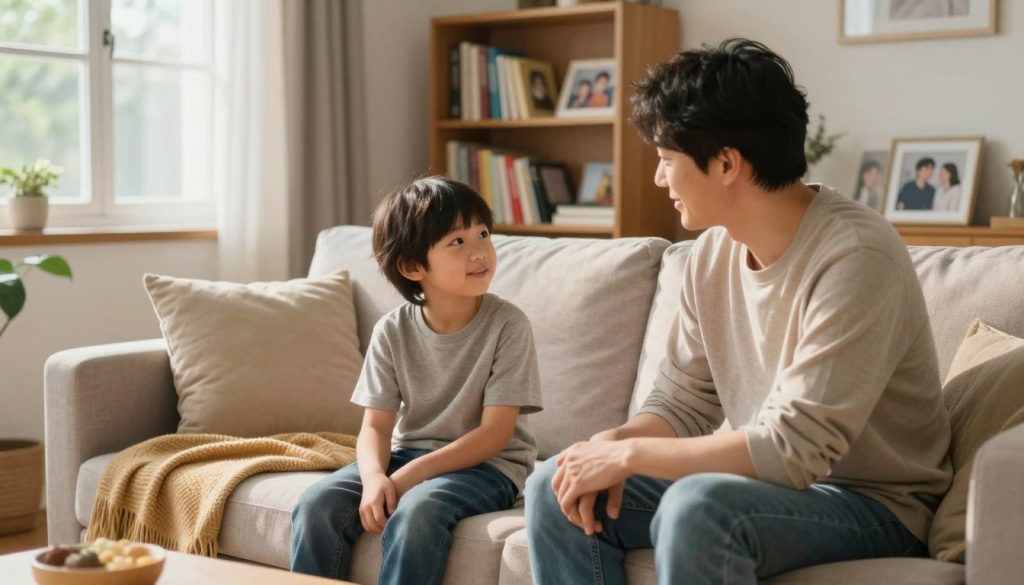 A cozy family living room scene illustrating the concept of emotional safety in households. In the foreground, a friendly parental figure sits attentively with a young child, both dressed in modest casual clothing, engaging in a thoughtful discussion. The middle ground features a comfortable sofa adorned with soft cushions and a warm throw blanket, emphasizing a nurturing atmosphere. In the background, a well-organized bookshelf filled with colorful books and family photos creates a sense of stability. Soft, natural light filters in through a large window, casting gentle shadows and enhancing the warm, inviting colors of the room. The overall mood is serene and supportive, symbolizing the importance of boundaries and respect in creating a safe environment.