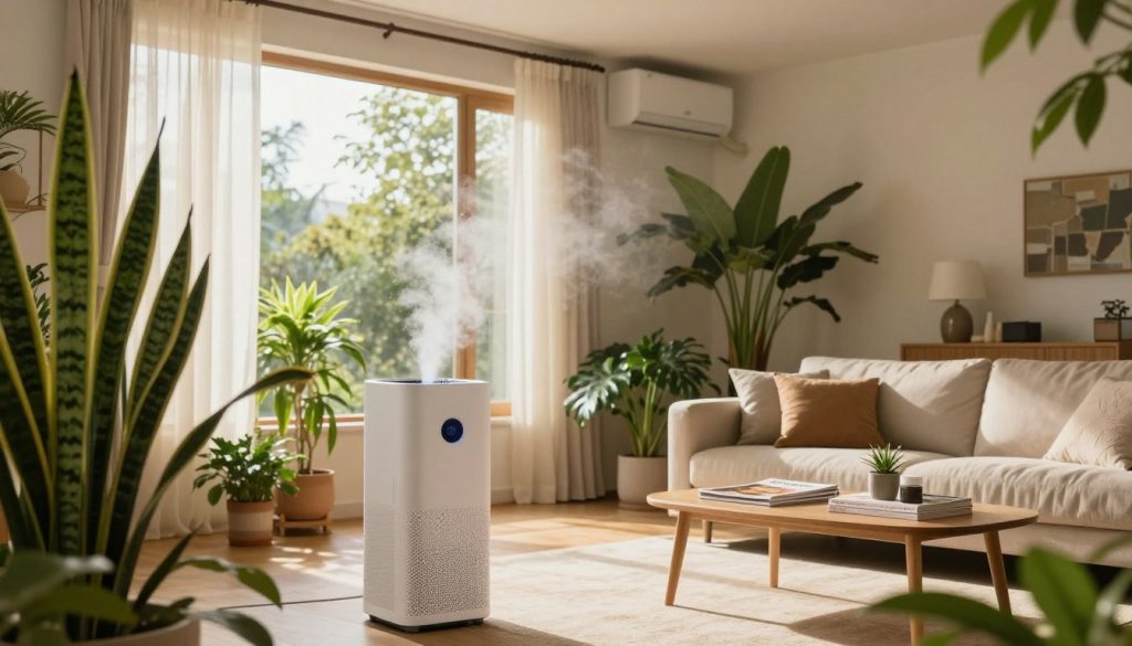 A cozy indoor living space focused on air quality improvement. In the foreground, a stylish air purifier emits a gentle mist, showcasing its sleek design. Lush indoor plants are strategically placed, like a snake plant and peace lily, contributing vibrant greenery. The middle layer features a sunlit room with large windows, curtains gently fluttering, allowing soft, warm light to fill the space. A comfortable sofa with neutral tones sits beside a coffee table decorated with wellness magazines. In the background, subtle hints of a high-efficiency ventilation system can be seen integrated into the ceiling. The atmosphere is calm and uplifting, evoking a sense of health and well-being, creating a sanctuary for breathing easy and living well.