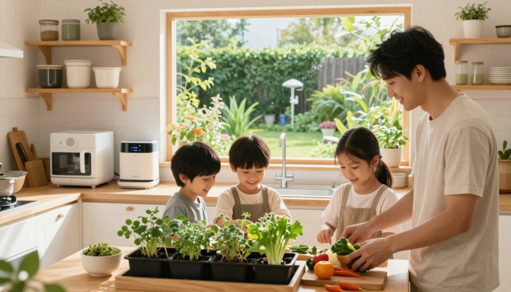 A cozy, sunlit kitchen filled with sustainable household practices. In the foreground, a family, dressed in casual yet modest clothing, joyfully engages in activities like composting and preparing a meal with fresh vegetables sourced from a small indoor herb garden. The middle ground showcases eco-friendly appliances and reusable containers neatly organized on bamboo shelves. A bright window in the background reveals a lush outdoor garden filled with native plants and a rainwater collection system. The scene is bathed in warm, natural light, creating a serene and inviting atmosphere that emphasizes green living and wellness. The overall mood is uplifting and harmonious, highlighting the beauty of sustainable living in a household environment.