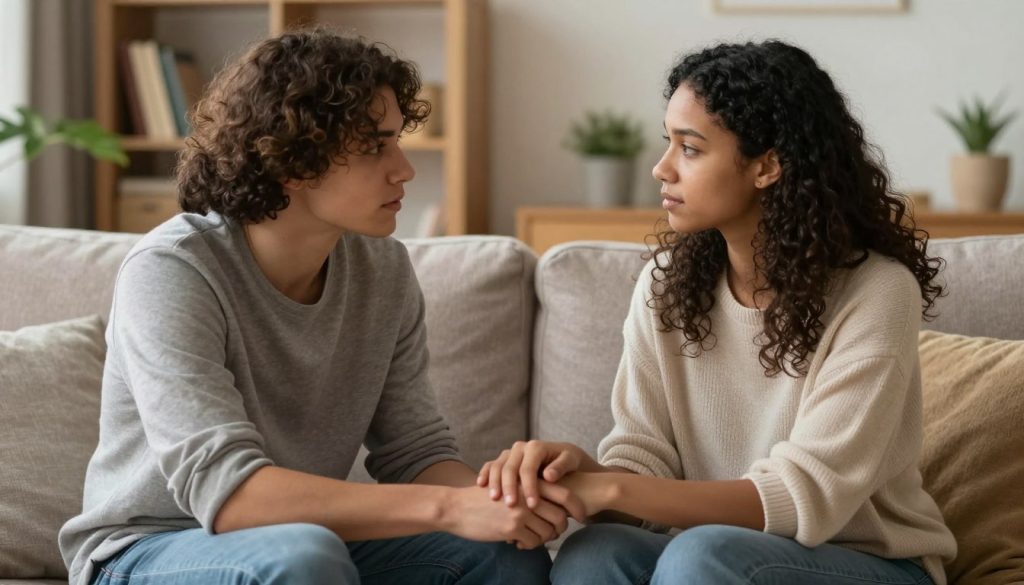 A diverse couple engaged in a heartfelt conversation in a cozy living room, seated together on a comfortable couch. The foreground features their hands intertwined, symbolizing support and unity. In the middle, they share an intimate gaze, reflecting empathy and understanding as they work through their challenges. Soft, warm lighting bathes the scene, creating an inviting atmosphere that suggests hope and resilience. The background includes comforting elements like bookshelves and plants, enhancing the sense of a safe space. The image captures a moment of collaboration and emotional connection, emphasizing the theme of overcoming challenges together in a relationship.