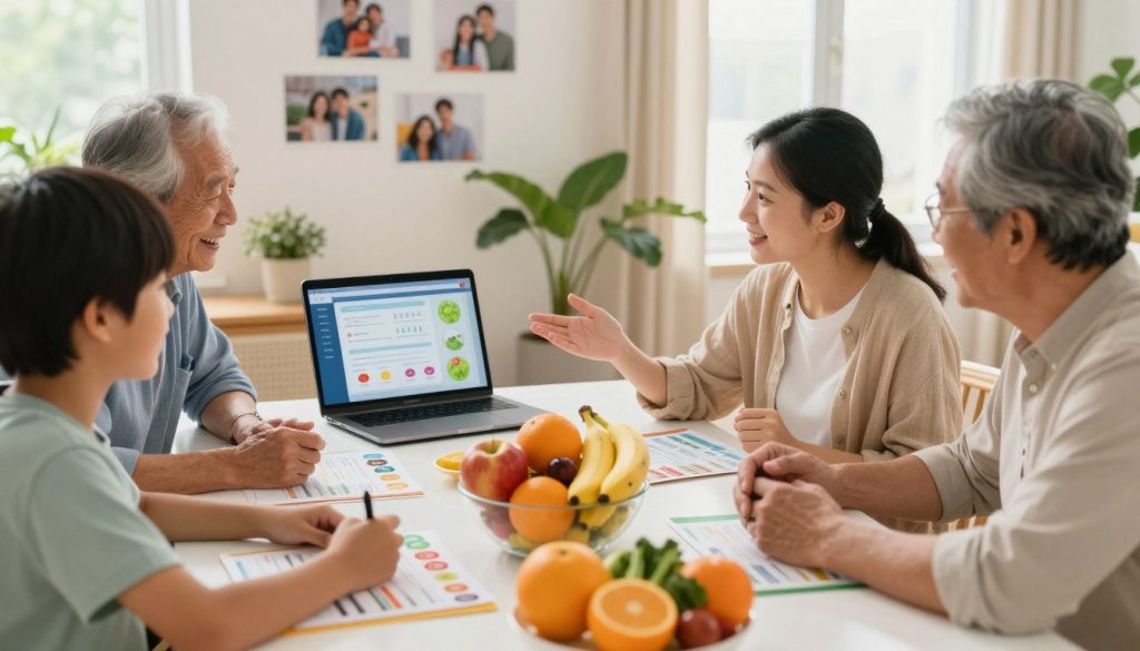 A diverse group of three generations - a grandparent, a parent, and a child - sitting together at a table covered with colorful health pamphlets, fruits, and vegetables, symbolizing healthy living. The foreground features their hands engaged in discussing age-appropriate health strategies, with a vibrant fruit bowl that includes apples, bananas, and oranges. In the middle ground, an open laptop displays a health planning application, while family photos on the wall represent shared memories. The background includes a bright, inviting home environment with plants and natural light streaming in through a window, creating a warm and optimistic atmosphere. Capture the scene from a semi-close angle to emphasize connection and collaboration among the generations.