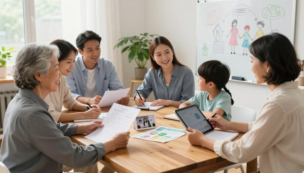 A diverse group of three generations—grandparents, parents, and children—gathered around a wooden table in a bright, cozy home office, engaged in a lively discussion about health planning. The foreground features the smiling grandparents in professional attire, holding documents and digital tablets, while the parents listen attentively, jotting down notes. The children, dressed in modest casual clothing, draw on a whiteboard, illustrating ideas about family wellness. In the middle ground, family photos and health pamphlets adorn the table. The background shows a warm, sunlit room with plants, symbolizing growth and vitality. Soft, natural lighting highlights their expressions, creating a mood of collaboration and optimism. The angle captures the intergenerational connection, emphasizing communication and unity in planning for a healthy future.