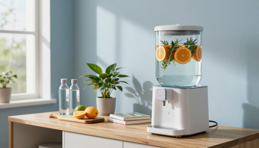 A modern hydration station in a serene home wellness zone, featuring a sleek, minimalist design with a large glass water dispenser filled with infused water showcasing vibrant citrus and fresh herbs. In the foreground, a stylish wooden countertop displays reusable water bottles and a cutting board with fresh fruits. In the middle, a potted plant adds a touch of greenery, while a few wellness books are scattered nearby. The background depicts a softly lit room with large windows, allowing natural light to filter in, casting gentle shadows across the space. A calming color palette of soft blues and greens promotes a tranquil atmosphere, emphasizing wellness and vitality. The image conveys a sense of harmony, inviting the viewer to embrace a refreshing and healthy lifestyle at home. A modern hydration station in a serene home wellness zone, featuring a sleek, minimalist design with a large glass water dispenser filled with infused water showcasing vibrant citrus and fresh herbs. In the foreground, a stylish wooden countertop displays reusable water bottles and a cutting board with fresh fruits. In the middle, a potted plant adds a touch of greenery, while a few wellness books are scattered nearby. The background depicts a softly lit room with large windows, allowing natural light to filter in, casting gentle shadows across the space. A calming color palette of soft blues and greens promotes a tranquil atmosphere, emphasizing wellness and vitality. The image conveys a sense of harmony, inviting the viewer to embrace a refreshing and healthy lifestyle at home.