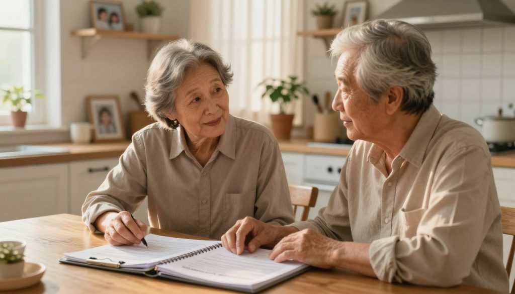 A serene elderly couple sitting together at a kitchen table, discussing important documents for elder care planning. The foreground showcases their hands gently resting on a binder filled with papers, including medical and legal documents. In the middle ground, a warm light illuminates the scene through a window, casting a soft glow over their thoughtful expressions, showcasing a sense of hope and security for the future. The background features a cozy, inviting kitchen with family photos and houseplants, symbolizing a nurturing environment. The image captures a mood of tranquility and responsibility, emphasizing the importance of family legacy in elder care planning. Suitable lighting mimics a late afternoon sun, providing a golden hue, creating a calm and reassuring atmosphere.