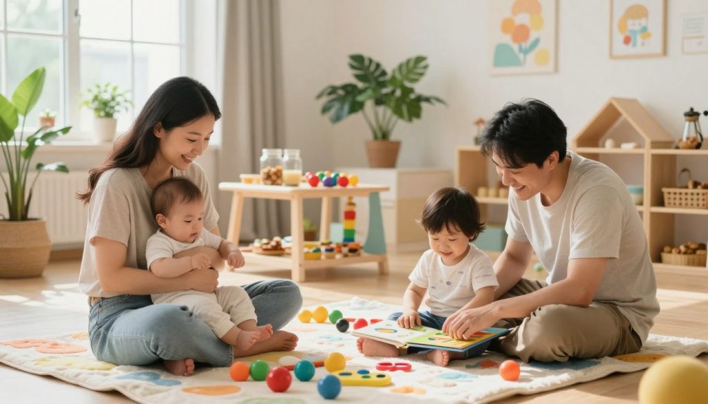 A serene family setting showcasing diverse parents engaging with their infants and toddlers in a nurturing environment. In the foreground, a mother gently cradles a baby while sitting on a soft, colorful blanket surrounded by educational toys. Nearby, a father assists a curious toddler exploring a board book, both smiling joyfully. In the middle, a well-organized play area featuring healthy snacks and engaging activity stations that promote early learning. The background showcases a bright, airy room with soft, natural light filtering through large windows, filled with potted plants and cheerful artwork. The atmosphere is warm and inviting, embodying the essentials of early childhood health and wellness, emphasizing love, care, and the foundation of a healthy lifestyle.