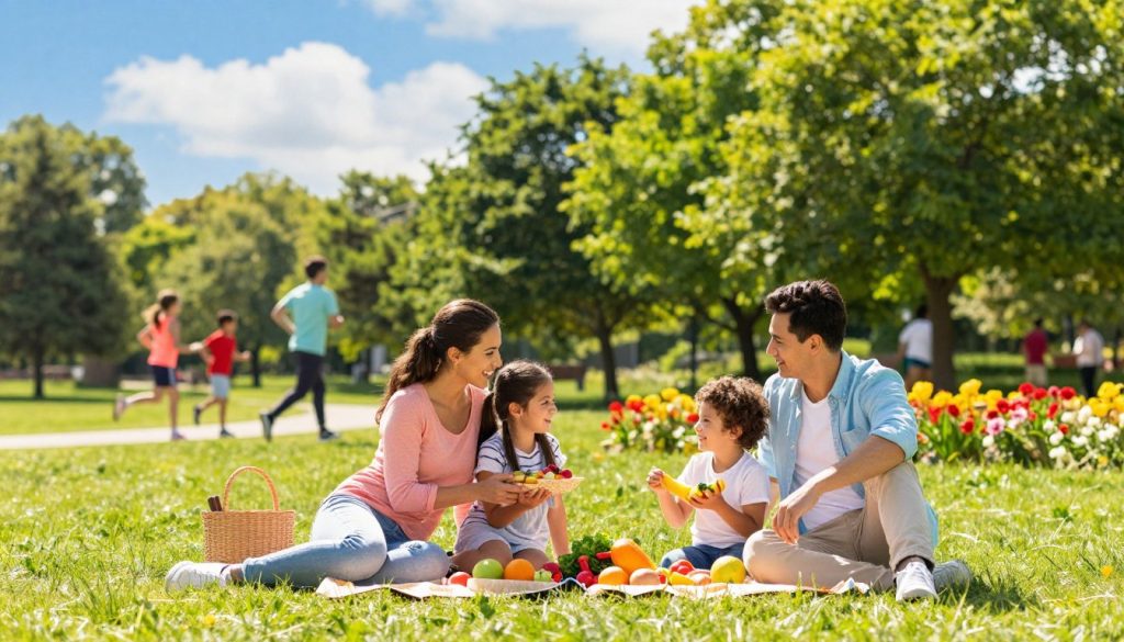 A vibrant family engaging in an outdoor activity, emphasizing their health and well-being in a sunny park setting. In the foreground, a diverse family—parents and two children—smiling and sharing a healthy picnic on a blanket, surrounded by fruits and vegetables. In the middle ground, lush green trees and colorful flowers create a lively atmosphere, with a jogging path in the distance showing other families enjoying active lifestyles. The background features a bright blue sky with soft, fluffy clouds, enhancing the sense of openness and vitality. Warm sunlight illuminates the scene, creating a cheerful and inviting mood. The image captures a sense of togetherness and commitment to personal vitality, reflecting a lifestyle filled with joy and health.