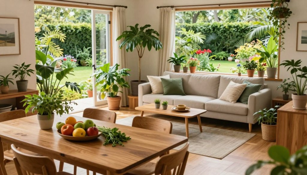 A vibrant, healthy home environment bathed in natural light, featuring a cozy living room with lush indoor plants and sustainable wooden furniture. In the foreground, a well-organized dining table is set with fresh fruits and herbs, embodying a connection to nature. The middle ground showcases a comfortable seating area with a soft sofa surrounded by pillows, promoting relaxation. In the background, large windows open to a vibrant garden filled with greenery and flowers. The scene is illuminated by soft, warm lighting, creating an inviting and tranquil atmosphere. The mood is peaceful and rejuvenating, encouraging mindfulness and wellness in everyday living. Capture this image from a slightly elevated angle to provide a comprehensive view of the harmonious space. A vibrant, healthy home environment bathed in natural light, featuring a cozy living room with lush indoor plants and sustainable wooden furniture. In the foreground, a well-organized dining table is set with fresh fruits and herbs, embodying a connection to nature. The middle ground showcases a comfortable seating area with a soft sofa surrounded by pillows, promoting relaxation. In the background, large windows open to a vibrant garden filled with greenery and flowers. The scene is illuminated by soft, warm lighting, creating an inviting and tranquil atmosphere. The mood is peaceful and rejuvenating, encouraging mindfulness and wellness in everyday living. Capture this image from a slightly elevated angle to provide a comprehensive view of the harmonious space.