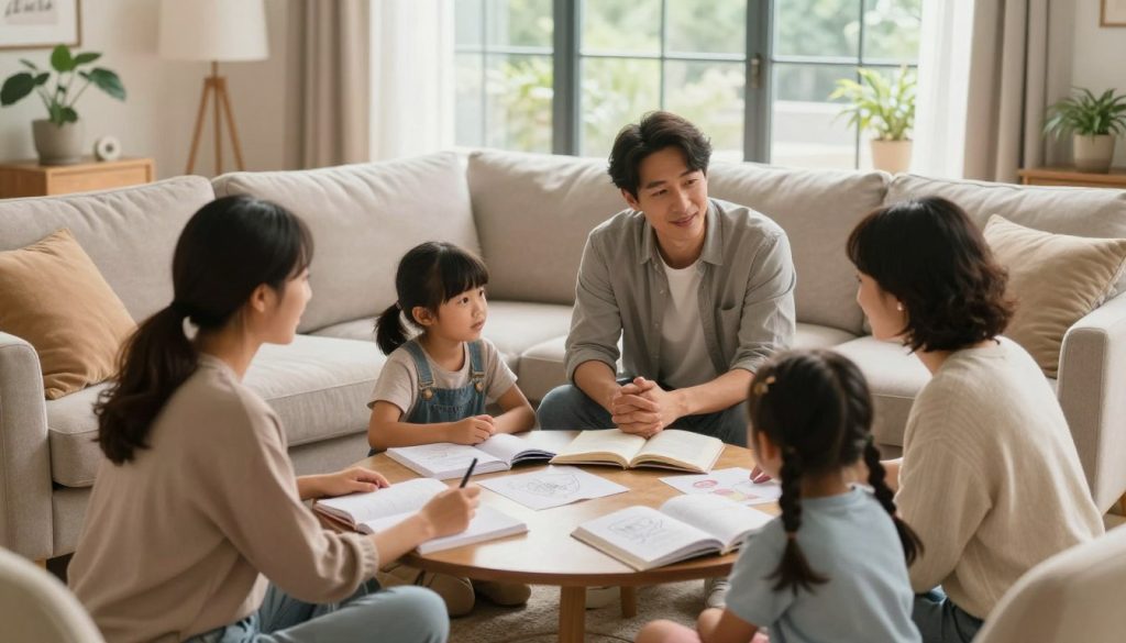 A warm and inviting family living room, emphasizing emotional safety and trust. In the foreground, a diverse family of four—parents in modest casual clothing, and two children—engaged in a supportive discussion around a cozy coffee table, filled with open books and drawings. The middle ground features a comfortable sofa arranged in a circle, symbolizing openness and connection, with soft cushions and a nurturing atmosphere. In the background, large windows allow natural light to stream in, illuminating the room with a gentle glow. A plant in the corner adds a touch of life and warmth. The mood is serene and uplifting, encouraging a sense of belonging and trust within the home. Capture this scene with a soft focus and a warm color palette to enhance the comforting ambiance.