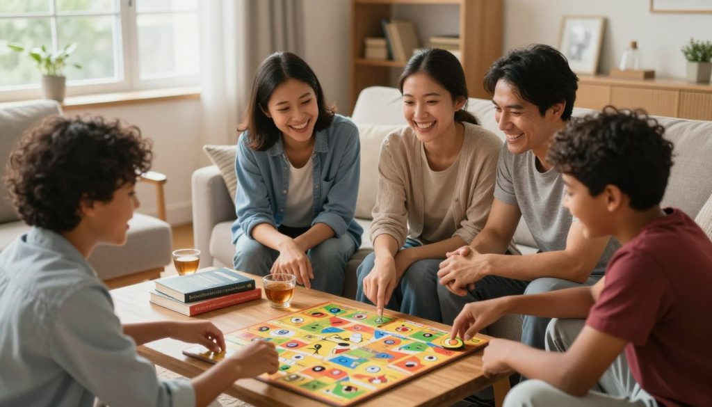 A warm and inviting family scene depicting supportive mental health practices. In the foreground, a diverse family of four engages in a cozy living room setting, sitting closely together on a comfortable couch while sharing a joyful moment, such as laughter or playing a board game. Each family member, wearing modest casual clothing, looks attentive and engaged, showcasing a sense of connection and encouragement. In the middle ground, there is a coffee table with mindfulness books and tea, symbolizing a nurturing environment. The background features soft, natural light filtering through large windows, creating an uplifting atmosphere. Use a slightly elevated angle to capture the intimacy of the moment, conveying warmth, love, and support. The overall mood is positive and heartwarming, emphasizing the importance of family in mental health.