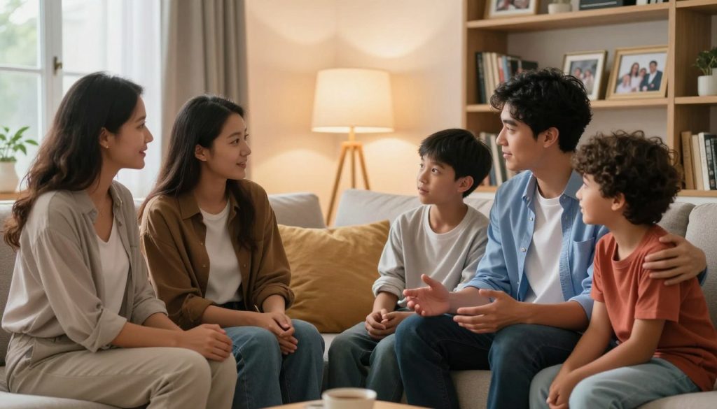 A warm and inviting family scene in a well-lit living room. In the foreground, a diverse family of four—two adults in smart casual clothing, a teenager and a younger child—are engaged in a heartfelt conversation. They are seated on a comfortable couch surrounded by cozy cushions, with their body language open and expressive, emphasizing active listening and empathy. In the middle background, a softly glowing lamp casts a gentle light, enhancing the intimate atmosphere. On a nearby bookshelf, framed photos represent cherished memories, symbolizing connection. Use a wide-angle lens to capture the closeness and interaction, with a shallow depth of field to keep the focus on the family while softly blurring the background, creating a sense of warmth and unity in their emotional communication.
