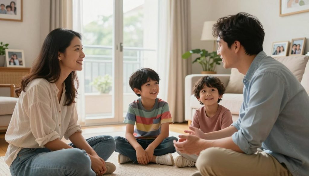 A warm and inviting family scene set in a bright, cozy living room. In the foreground, a diverse family of four—parents and two children—are engaged in a heartfelt conversation, showcasing attentive expressions. The mother, in a light, casual blouse, smiles as she listens to her son, who is sitting cross-legged on the floor, wearing a colorful t-shirt. The father, in a casual shirt, leans forward, encouraging open dialogue. In the middle ground, soft lighting filters through large windows, creating a calm and nurturing atmosphere. In the background, family photos and plants add a personal touch, symbolizing connection and support. The overall mood is positive and harmonious, reflecting the importance of adapting communication styles to individual family members for their wellbeing.