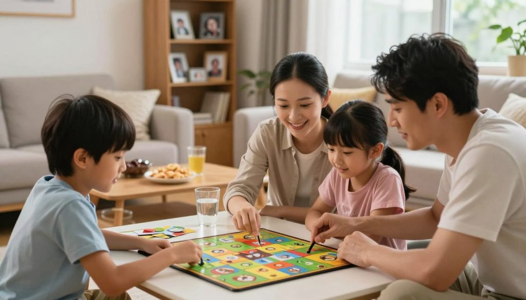 A warm and inviting family scene set in a cozy living room, capturing a nurturing atmosphere. In the foreground, a diverse family of four is engaged in an interactive board game, their expressions joyful and focused. The parents, dressed in modest casual attire, encourage their children, a boy and girl, as they strategize together. In the middle ground, a softly lit coffee table holds snacks and drinks, enhancing the sense of togetherness. The background features a bookshelf filled with family photos and memories, along with soft natural light filtering through the window, giving a serene ambiance. The overall mood is one of connection and support, embodying the essence of nurturing family relationships. The image should have warm tones, emphasizing comfort and love, with a shallow depth of field focusing on the family's interaction.