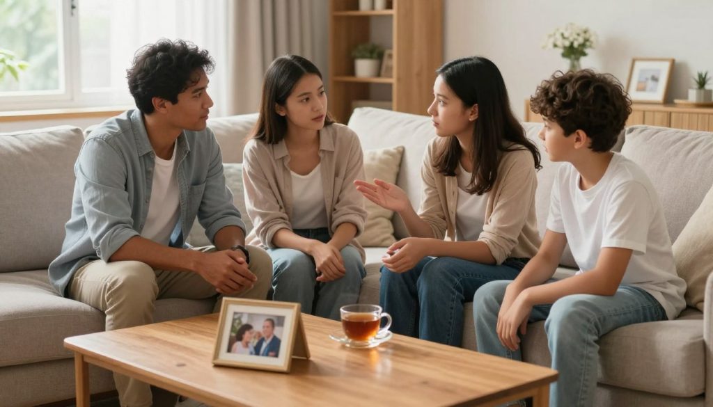 A warm, inviting living room setting showcasing a family engaged in open communication. In the foreground, a diverse family of four, dressed in comfortable yet modest casual clothing, sit together on a cozy sofa. The father listens attentively, while the mother engages with their teenage daughter, who is sharing her thoughts. The son leans forward, showing interest in the conversation. In the middle, a coffee table with family photos and a warm cup of tea adds a personal touch. Soft, natural light filters through a window, creating a serene atmosphere. Light colors dominate the decor, promoting a sense of calm. The camera angle is slightly above eye-level, offering a comprehensive view of their interaction, emphasizing warmth, connection, and understanding.