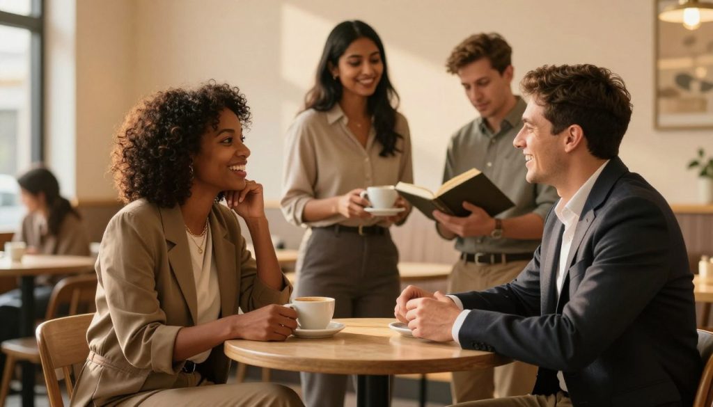 A warm, inviting scene depicting a diverse group of four people engaging in a meaningful conversation in a cozy, well-lit café. In the foreground, two individuals sit at a small round table, leaning in and laughing while exchanging ideas; one is a Black woman in a smart casual outfit, the other is a Hispanic man in business attire. In the middle background, a third person, a South Asian woman, is serving coffee, while a Caucasian man reads attentively nearby. Soft, golden lighting enhances a sense of connection and warmth, casting gentle shadows. The focus is sharp on the group, with a slightly blurred background to create a depth of field effect, emphasizing the strong atmosphere of camaraderie and relationship-building.